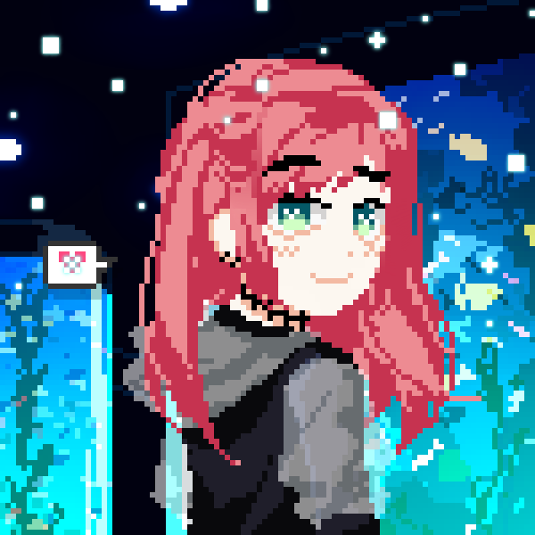 An 8-bit picrew of a woman with long pink hair, she has green eyes with a heart mark in them, she is wearing a black choker and a black/grey hoodie, standing in an aquarium.